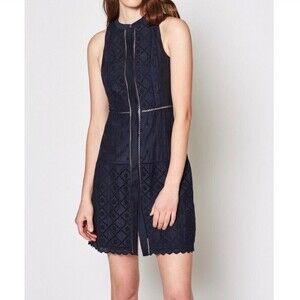 JOIE Zakari Eyelet Detail Cotton & Silk Sleeveless Shesth Dress Midnight Blue 2